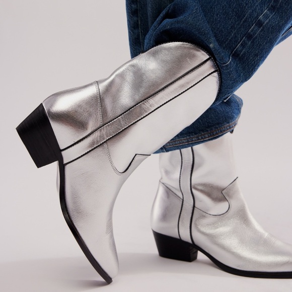 NEW Free People Borderline Western Heeled Boho Boots Metallic Silver Pull On - Picture 1 of 7